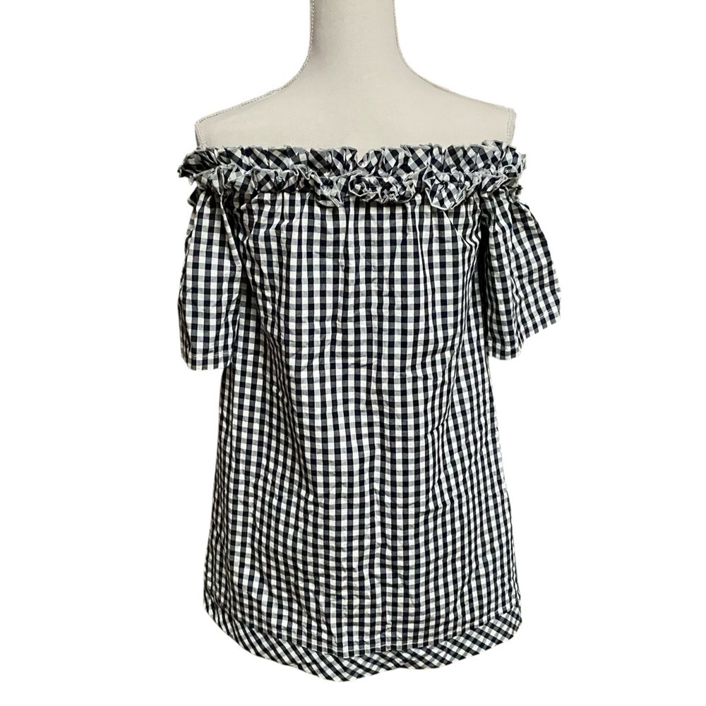 Vineyard Vines Gingham Off Shoulder Dress Small Black White Ruffle Cotton - Picture 9 of 12